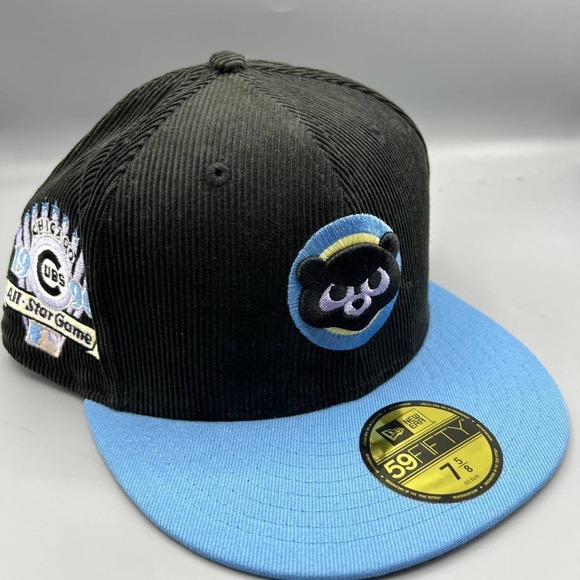 Chicago Cubs Hat Men 7 5/8 Black Blue Corduroy 59Fifty New Era Fitted‎ Cap